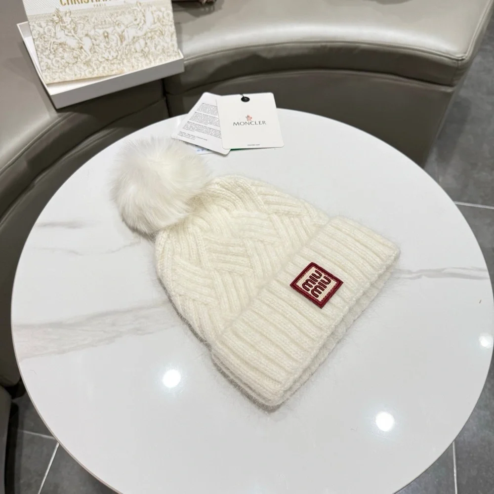 Miu Miu Off-White Knit Pom Beanie with Red Logo Patch